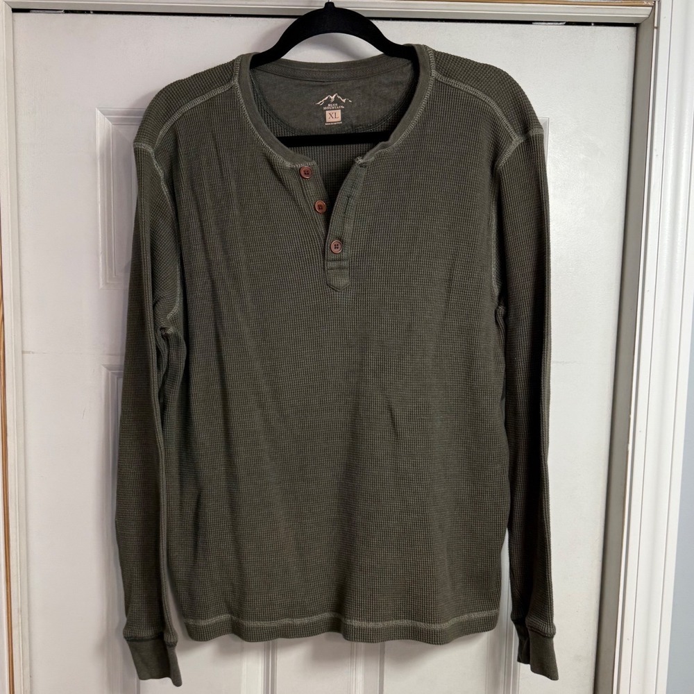 Blue Mountain Mens XL Olive Green Waffle Knit Thermal Henley Long Sleeve‎ Shirt